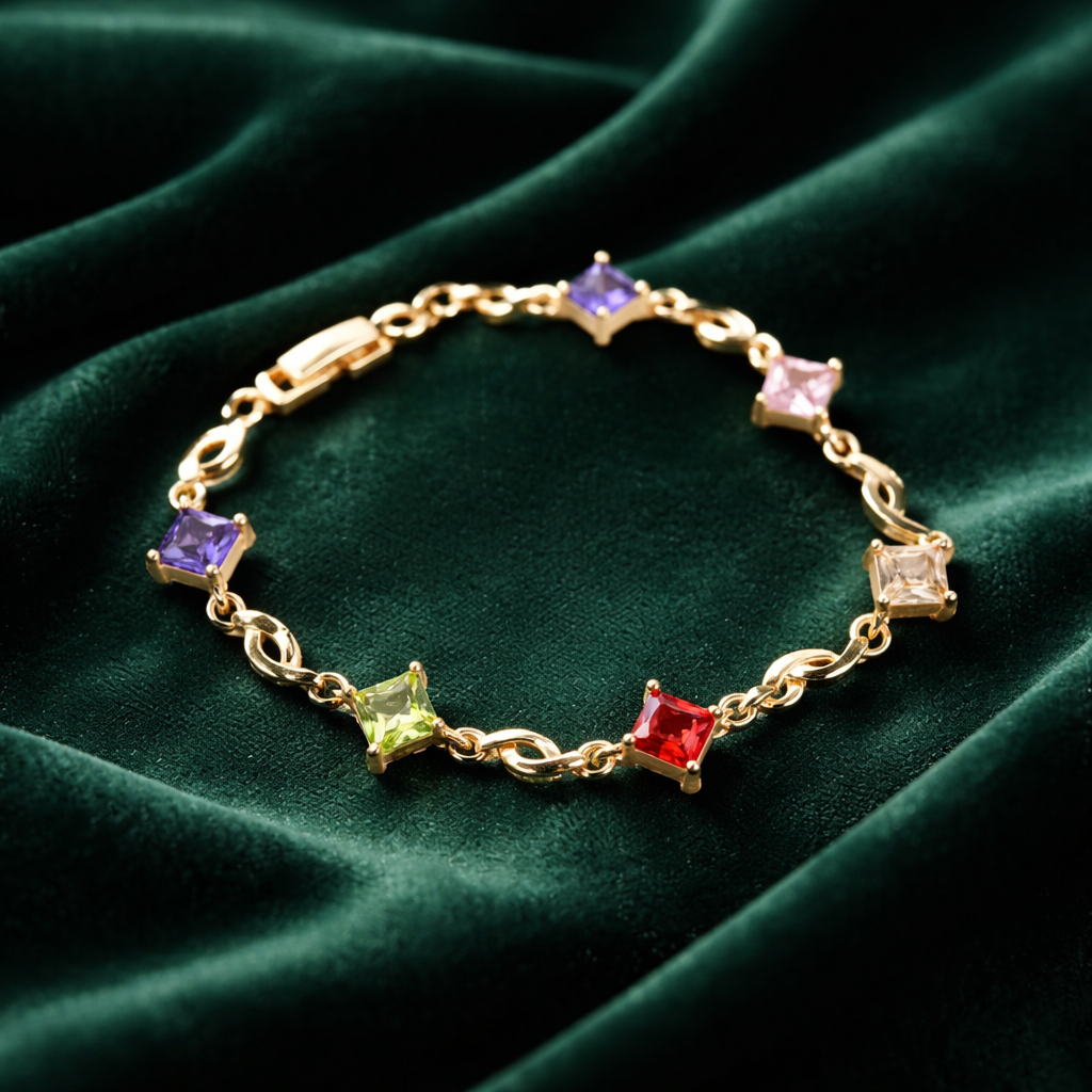 Gold-plated bracelet with colorful squares.