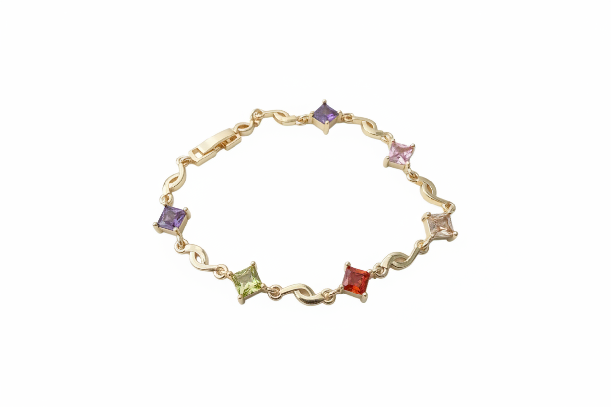 Gold-plated bracelet with colorful squares.