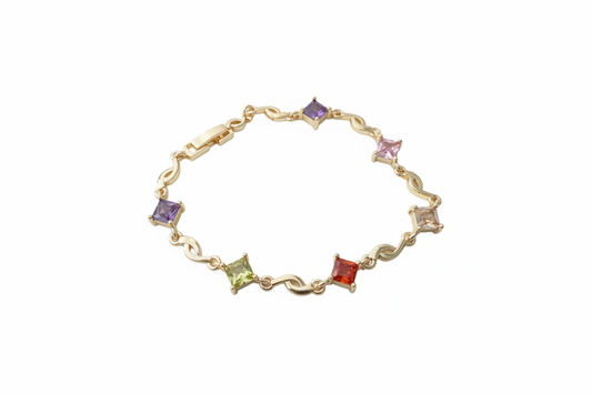 Gold-plated bracelet with colorful squares.